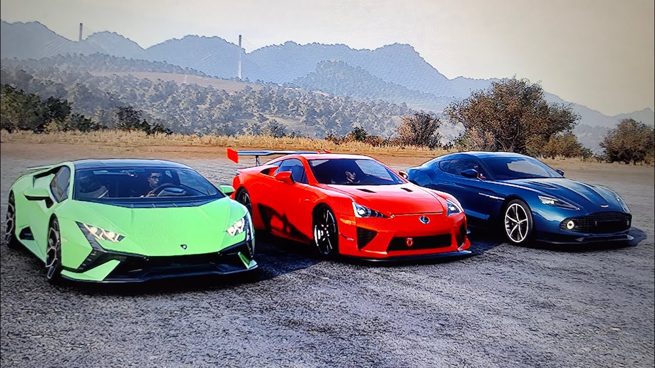 Forza Horizon 5 drag race Lamborghini Huracan Tecnica Vs Lexus LFA Vs Aston Martin Vasquish 