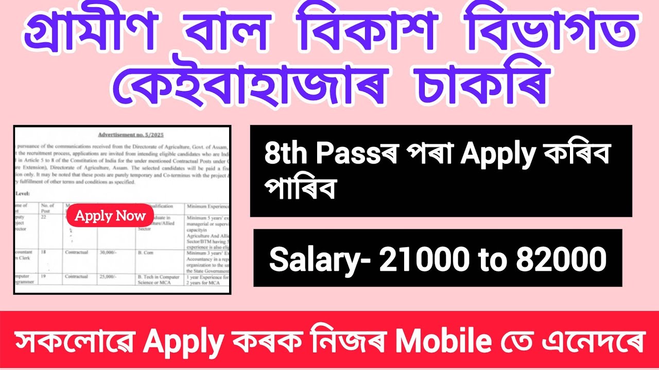 গ্ৰামীণ বাল বিকাশ বিভাগত চাকৰি/Rural Child Development Organization/ New job vacancy 2026/Assam job