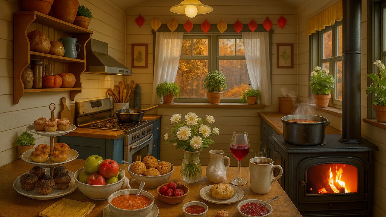 Cozy Autumn Kitchen - Relaxing Cooking Sounds & Wood Stove Fire ASMR