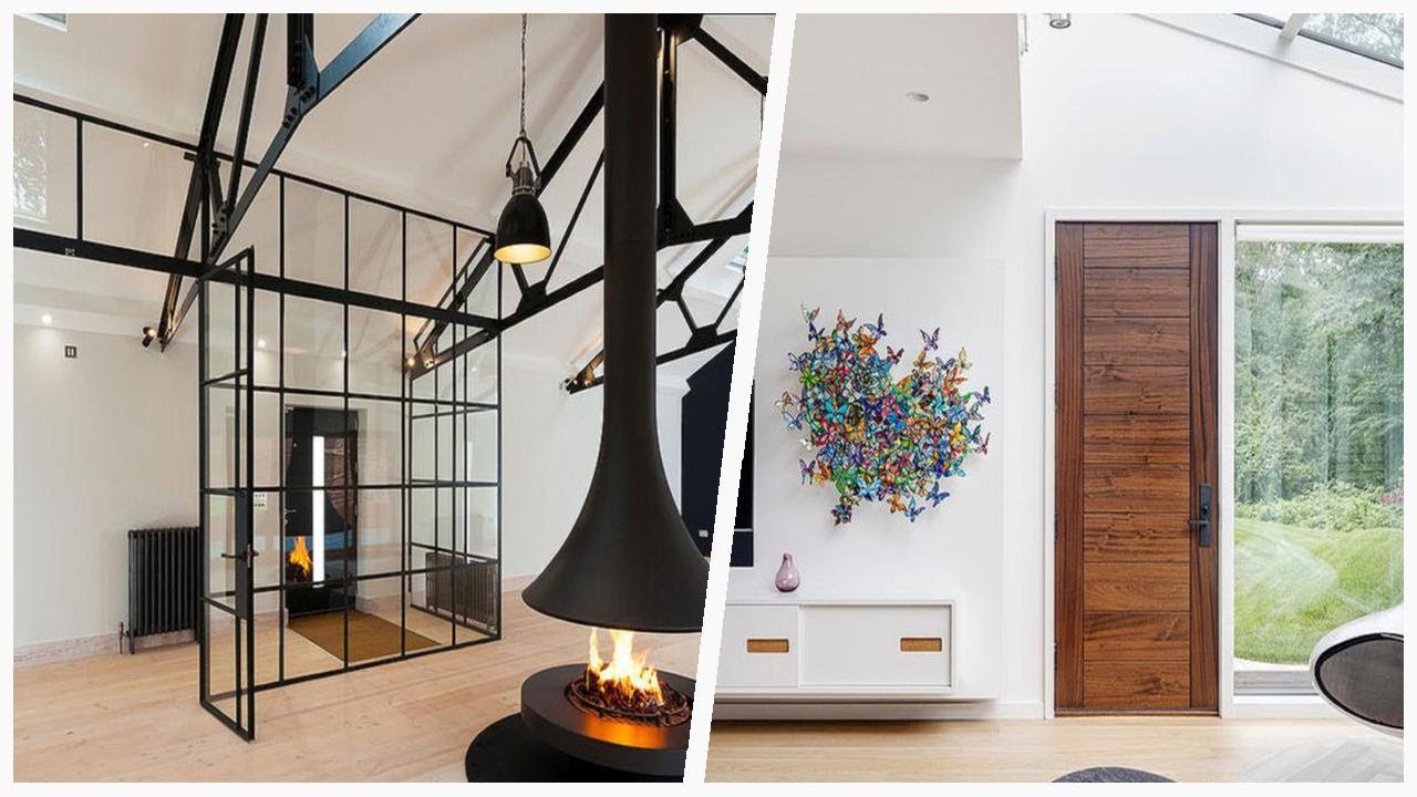 75 Light Wood Floor Living Space With A Hanging Fireplace Design Ideas You'll Love 🔴