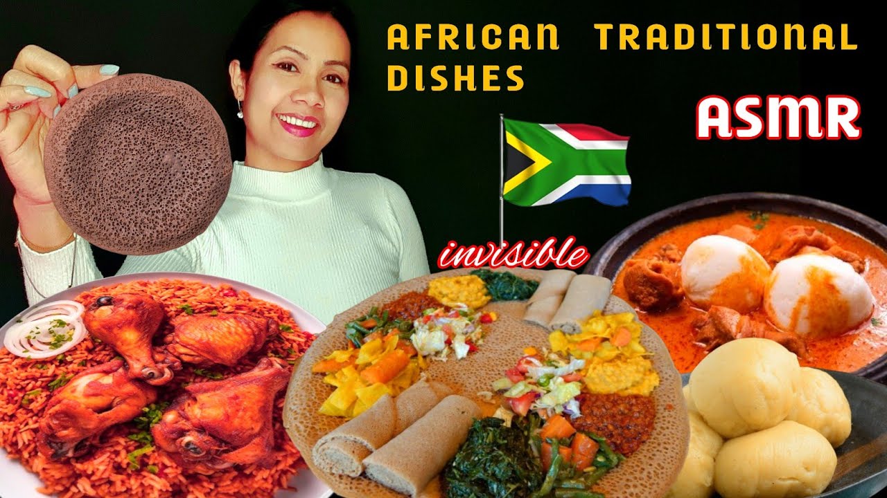Asmr Hindi | asmr eating AFRICAN 🇿🇦 TRADITIONAL DISHES 😋 FUFU ~ JOLLOF RICE ~ INJERA ~ mouth sounds