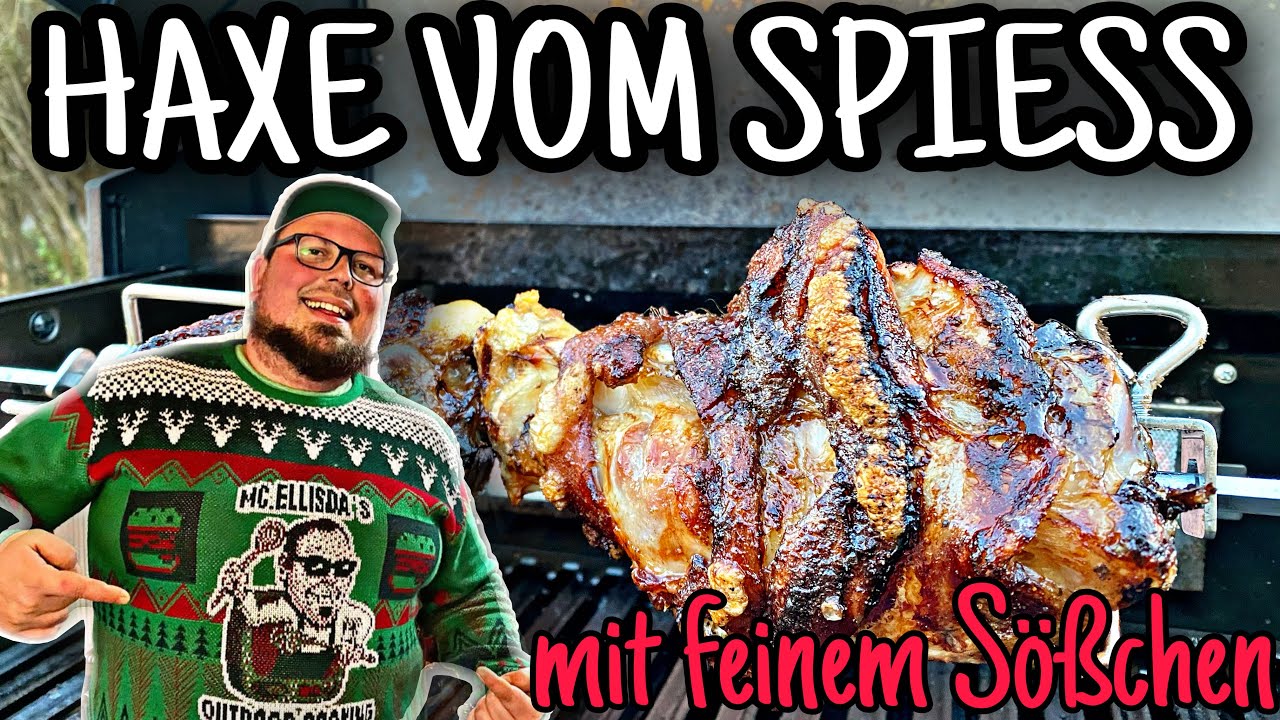 Perfekte, knusprig gegrillte Drehspieß Haxe vom Gasgrill