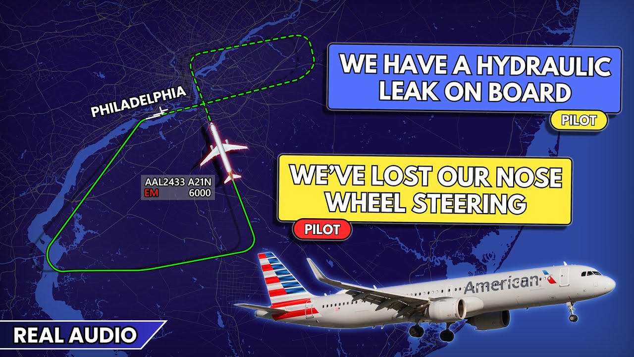 Hydraulic LEAK after takeoff. American A321neo LOSES nose wheel steering at Philadelphia. Real ATC