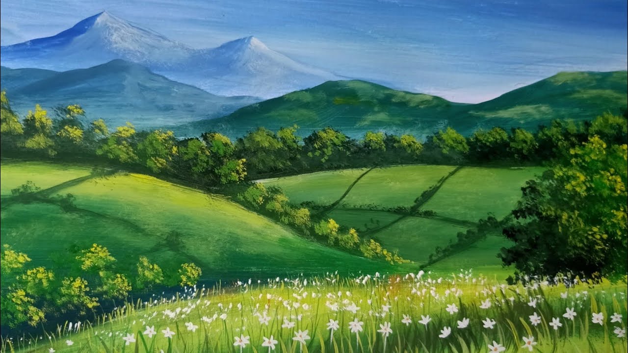Poster Colour landscape painting | Flower field | Realtime demonstration