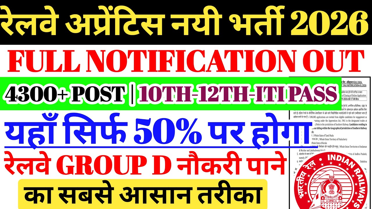 रेलवे NEW APPRENTICE 2026 OUT | 4300 POST 10TH-12TH-ITI PASS, SR CHENNAI APPRENTICE 2026, 50% पर चयन