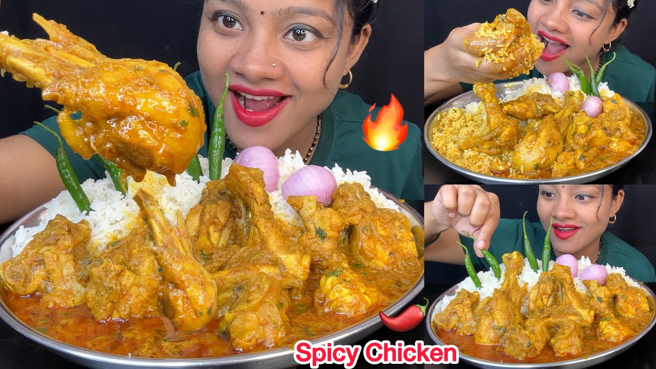 Husband's Style Desi Chicken Curry With Rice Eating 😋🌶️