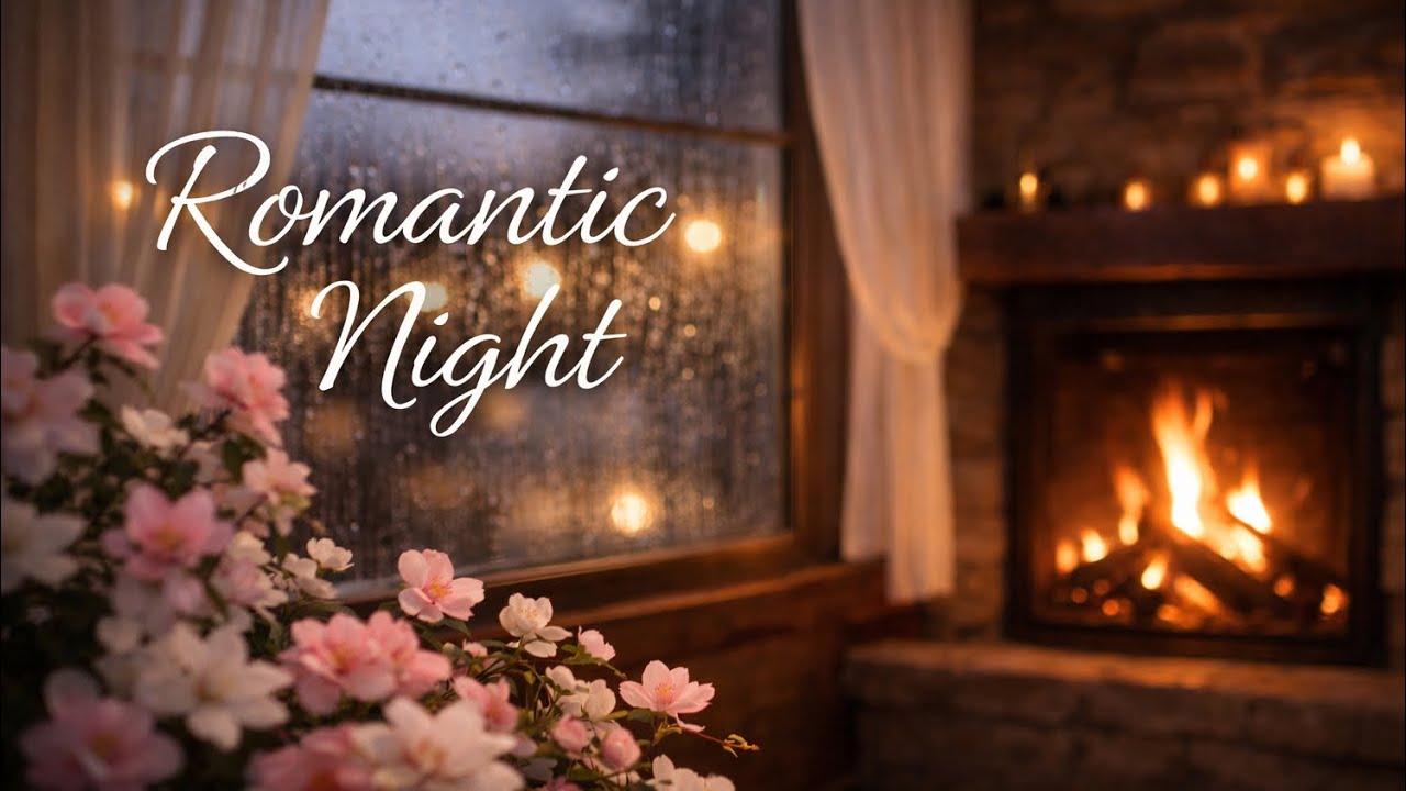 Romantic Rain Night 🌸 Cozy Fireplace Window Ambience for Deep Sleep 