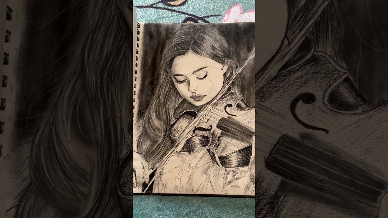 Charcoal Sketch of a Girl Playing Violin | Realistic Portrait Drawing
