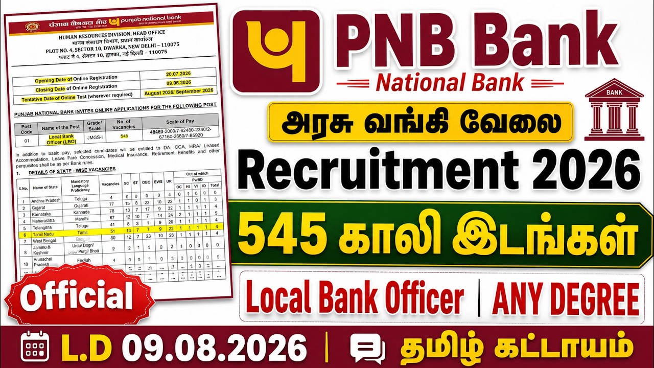 PNB BANK Recruitment 2026 | 545 Local Bank Officer Vacancy | Any Degree | Salary ₹85,920 (Approx.)