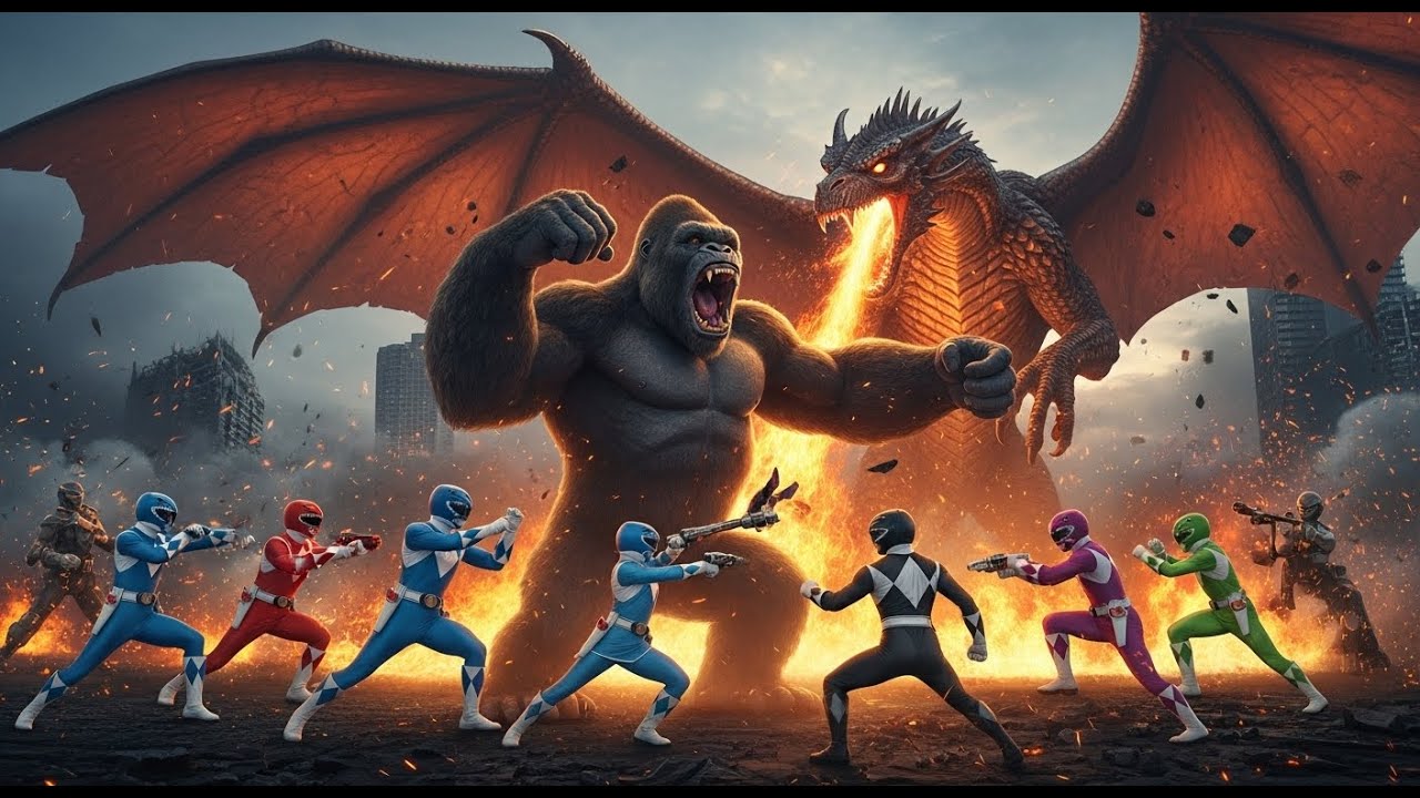 Power Rangers Gao and King Kong vs. the Fire Dragon: The Battle at the Top of the Tower.