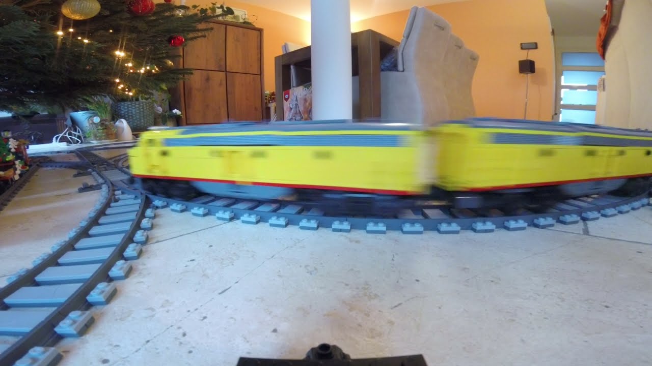 XXL LEGO Train & 100m Railway: 8m long US Cargo train with EMD two engines under XMAS tree [GoPro]