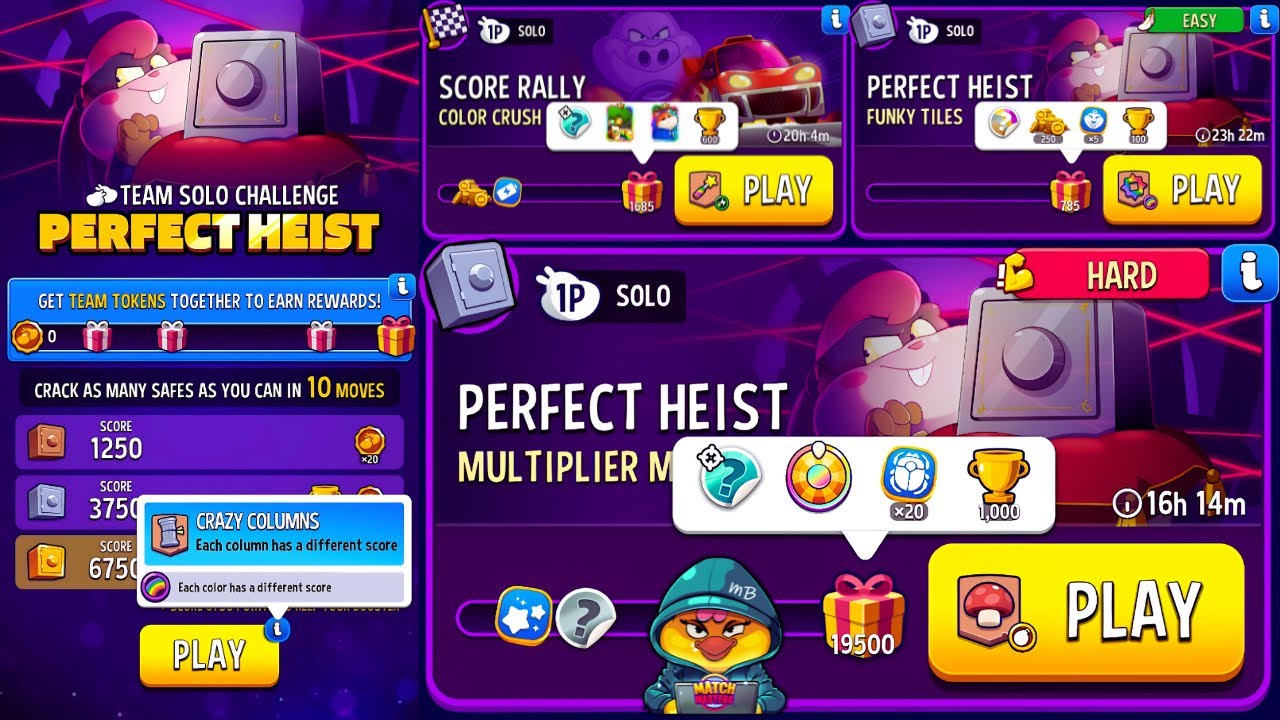 HARD Solo Multiplier Mushrooms Heist/ Crazy Column Heist/ Color Crush Score Rally/ Funky Tiles Heist