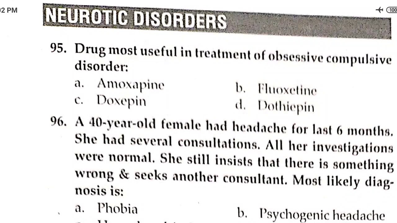 Neurotic disorder mcq for fmge