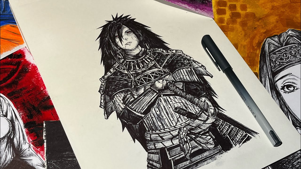 Finishing Madara Uchiha Drawing LIVE 🔥 | Black Ball Pen Sketch #madara #naruto #live