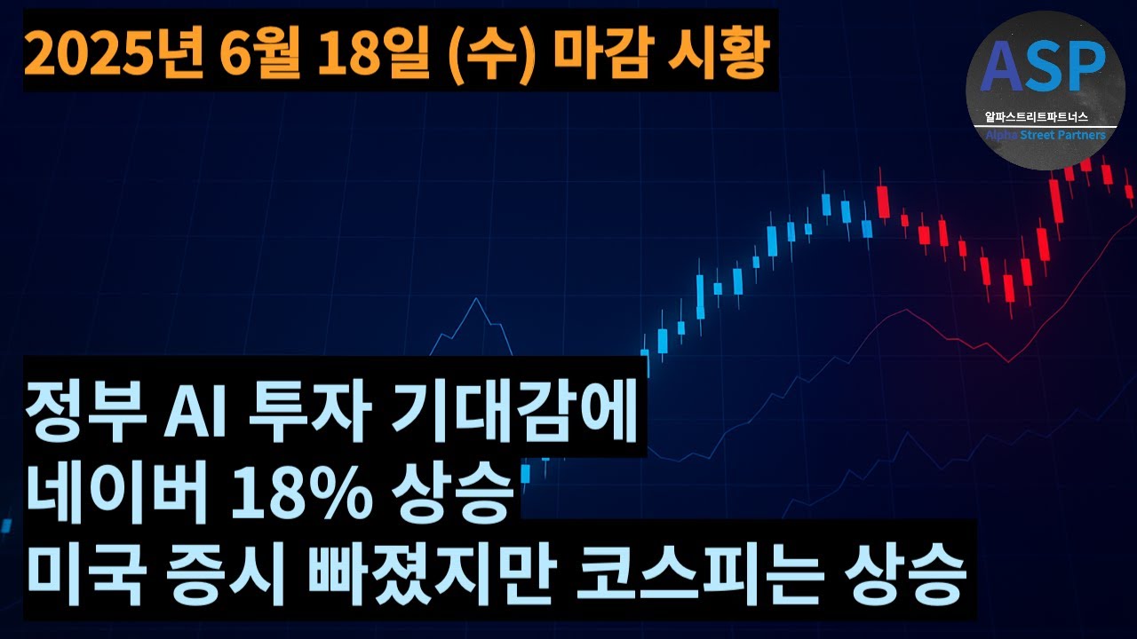 2025년 6월 18일 수요일 마감 시황 - 정부 AI 투자 기대감에 네이버 18% 상승, 미국 증시 빠졌지만 코스피는 상승