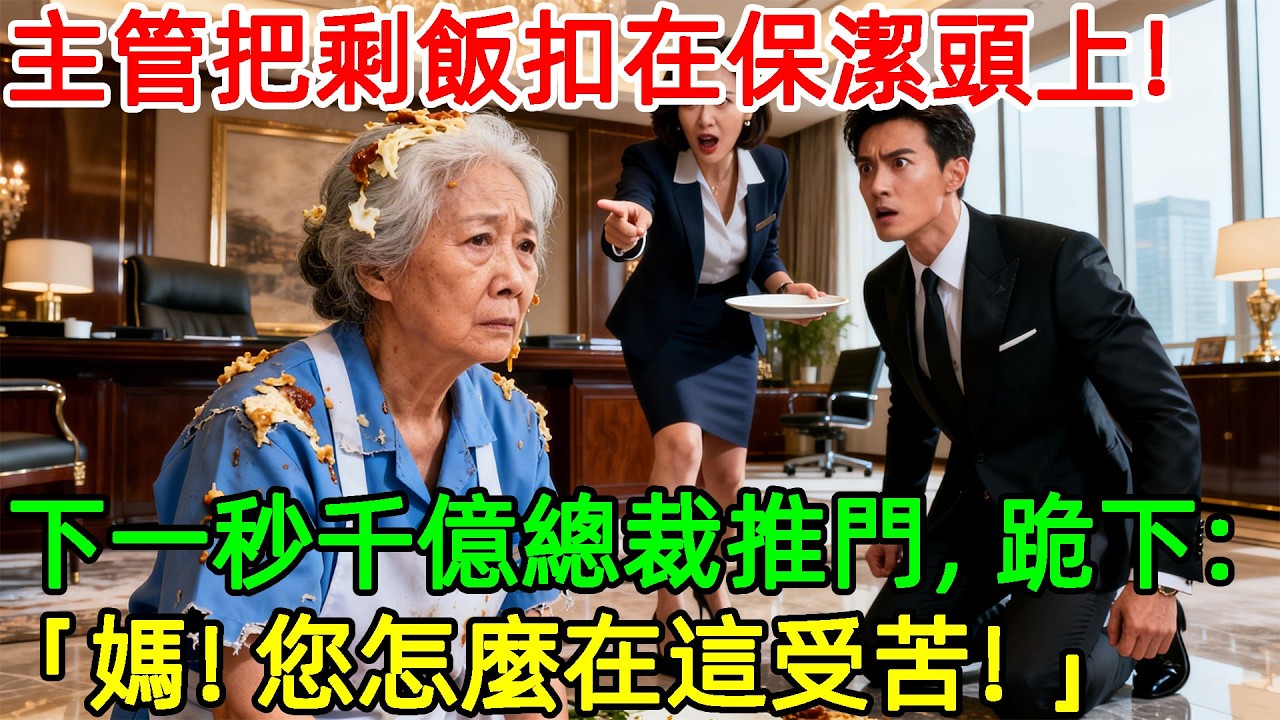 新來的保潔阿姨撿剩飯吃，主管當眾把剩飯扣在她頭上，下一秒集團最高董事長推門進來撲通跪下：“媽，您怎麼跑這來受苦了！”#情感#故事#正能量#故事频道#故事分享