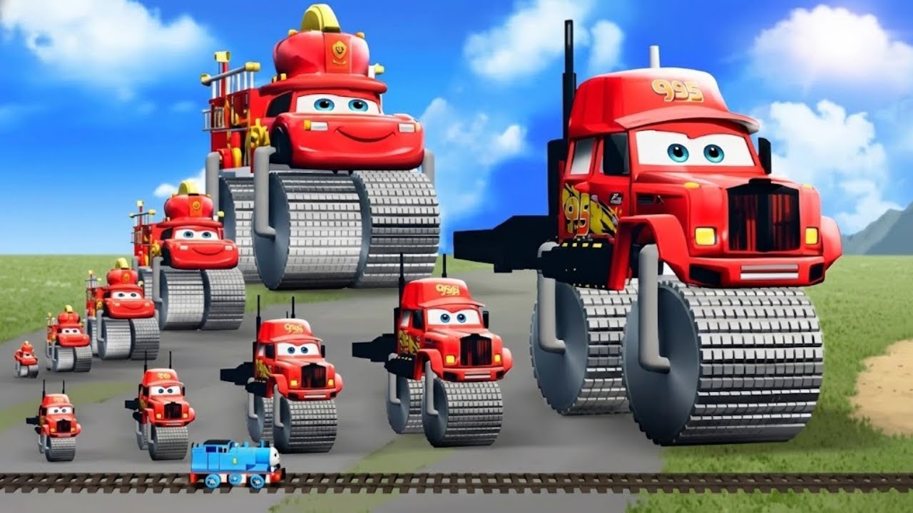 Big & Small Firefighter Lightning McQueen Truck and Mack Truck with Double Saw Wheels vs Giant Train