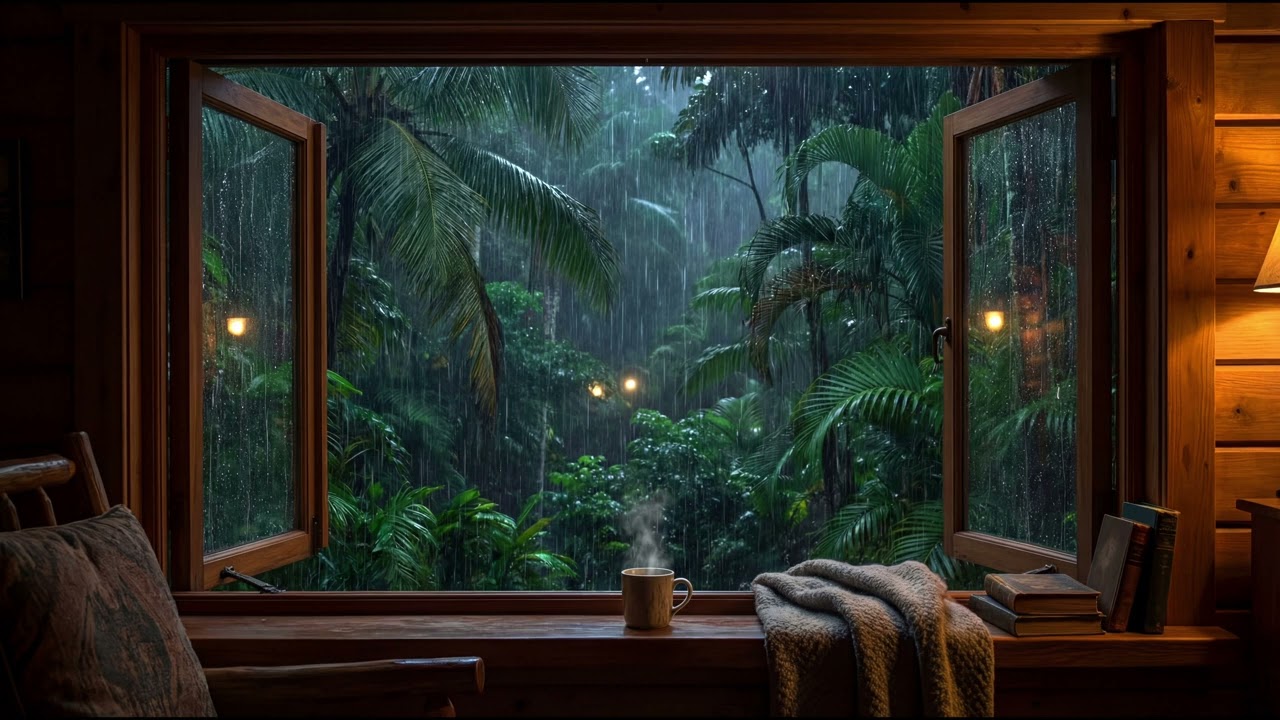 Cozy Jungle Living Room window at Night in Heavy Rain | Relaxing Rain Ambience