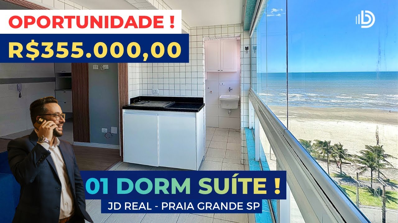 Oportunidade de 1 dormitório Suíte com vista mar em prédio pé na areia em Praia Grande - R$ 355mil 