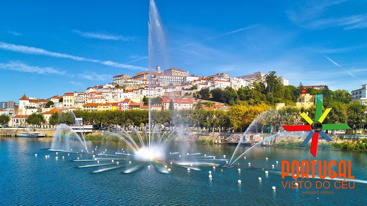 Coimbra aerial view - University tower - Cybernetic fountain - 4K UltraHD
