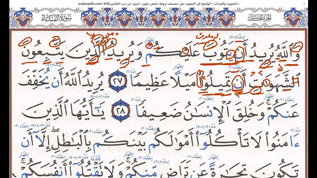 شرح احكام سوره (النساء)الجزء رقم (١١)٠من الايه رقم (٢٧)إلى الايه رقم (٣٠)٠