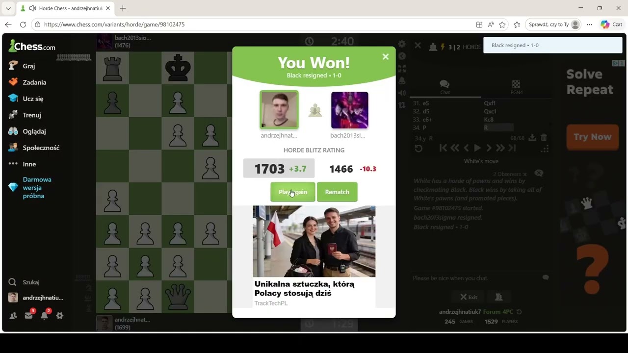 Droga do 2000 elo w trybie horda, chess.com #1
