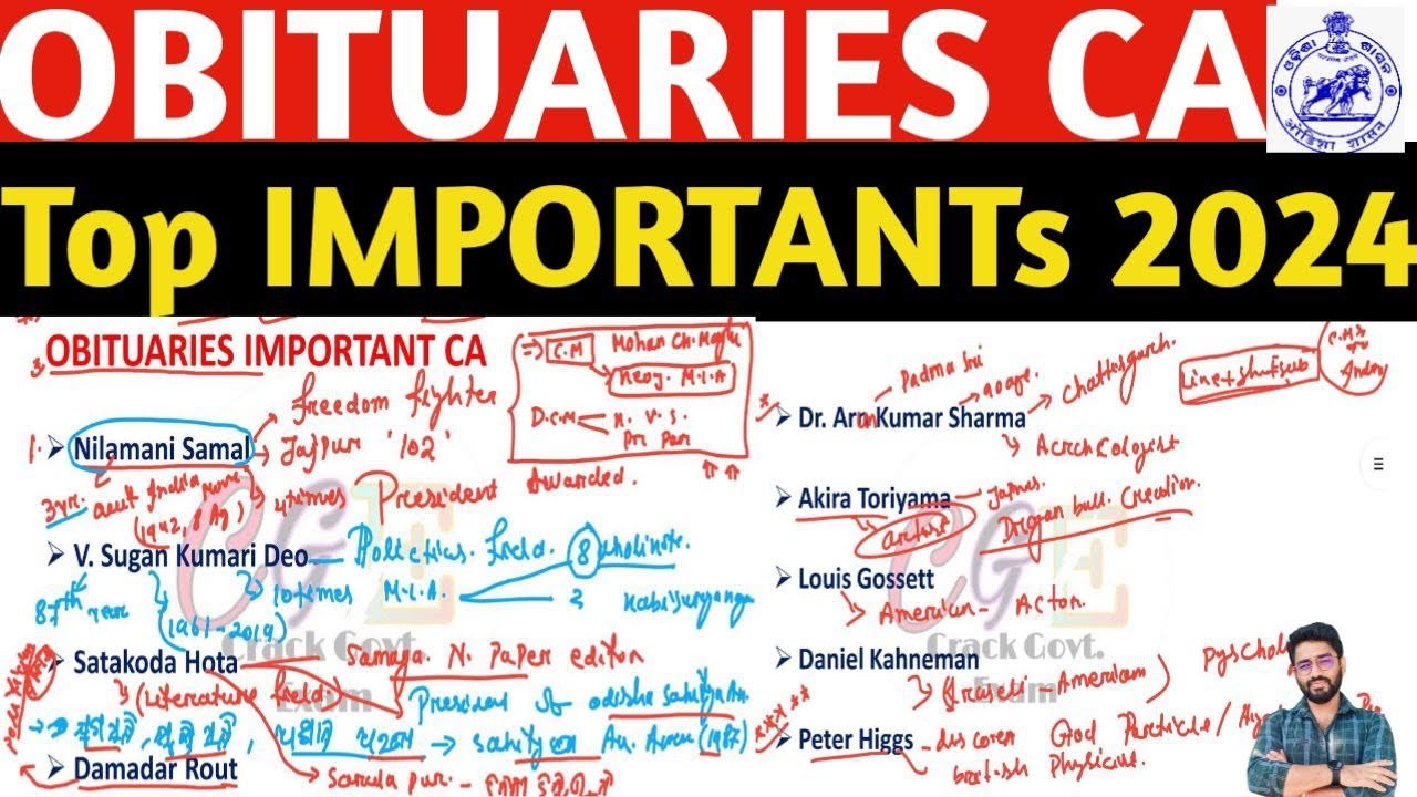 Obituaries Current Affairs 2024 Top Important | OSSC/OSSSC/OPSC CGL Crack Govt.Exam #ossscri #cgl