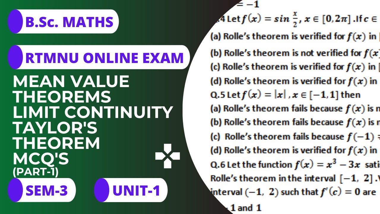 Mean value theorems, limits, continuity,Taylor's theorem mcq's for B.Sc.| Part-1|RTMNU | B.Sc. Maths