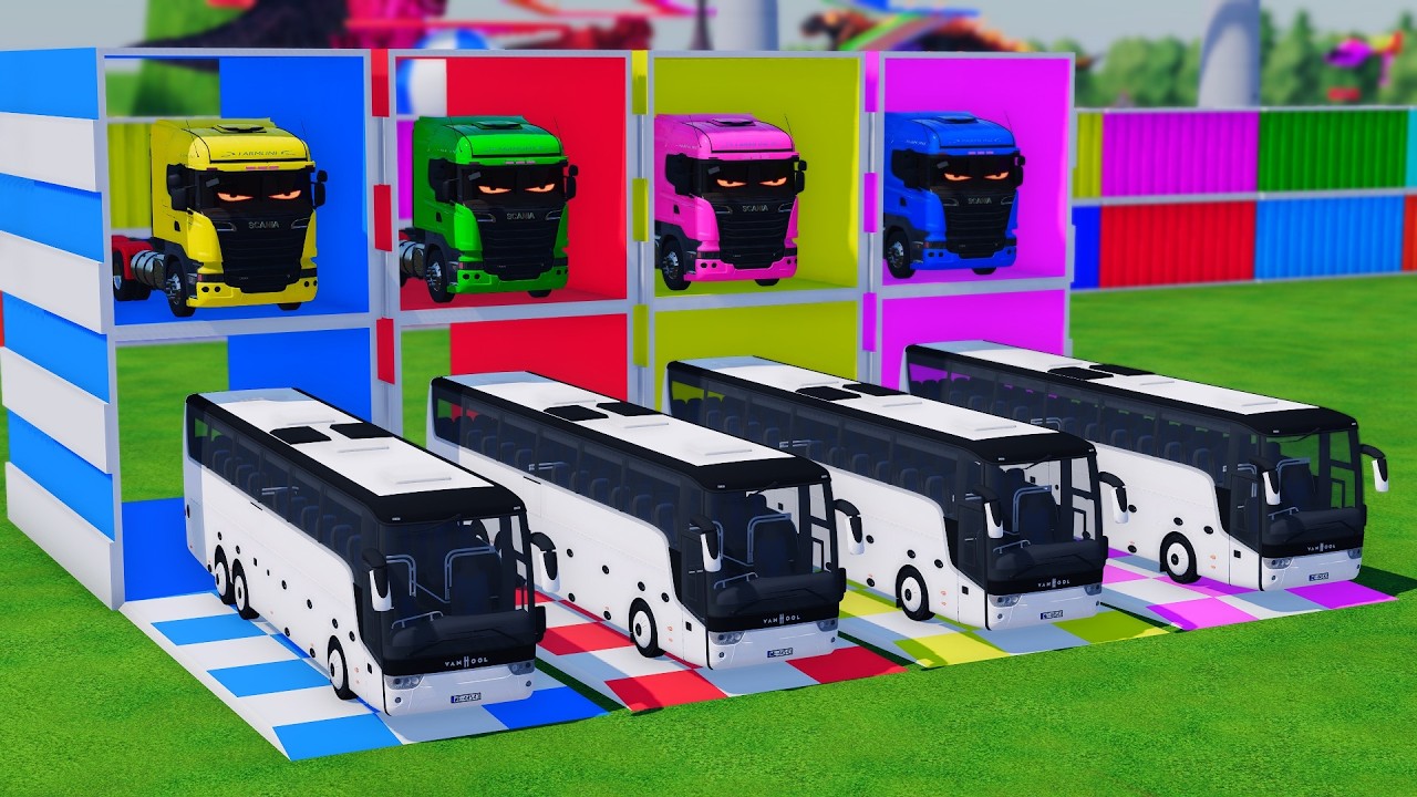 TRANSPORTING BUS, POLICE CARS, DUMP TRUCK, BOX TRUCK, FIRE TRUCK WITH SCANIA TRUCK  #43