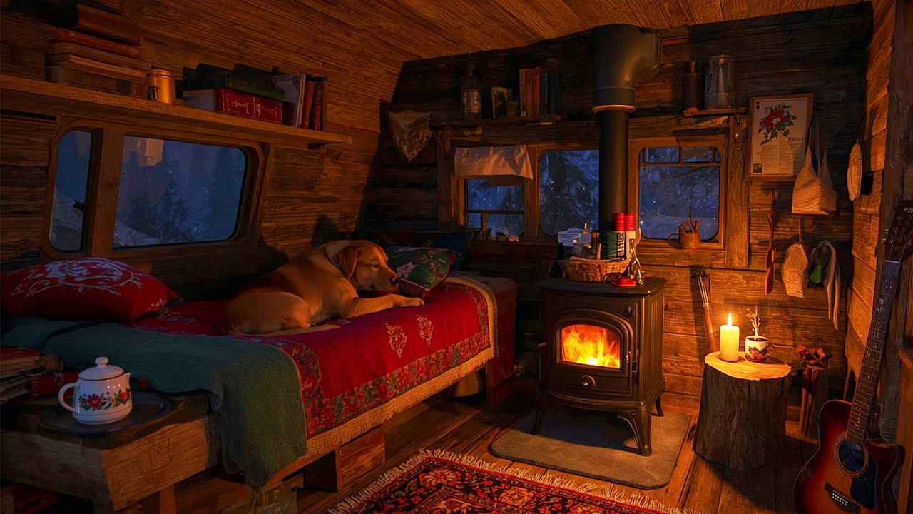 Fall Asleep Fast in a Warm Camper Van - Snowstorm Night, Fireplace Sounds and Deep Sleep Relief