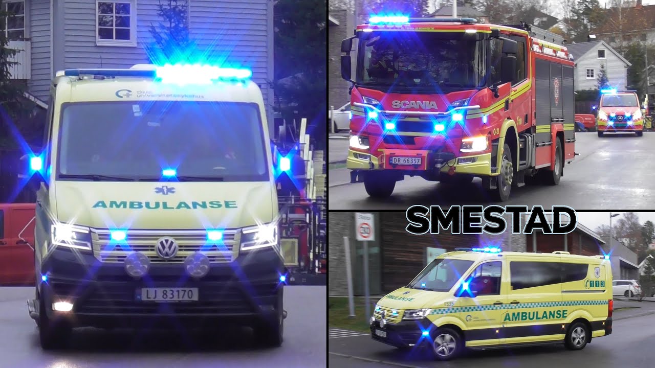 Fire engine & ambulances responding at Smestad | Smestad brannstasjon utrykning