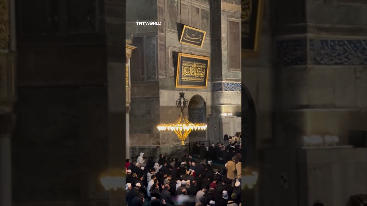 Muslims gather for tarawih prayer at Ayasofya Mosque in Istanbul