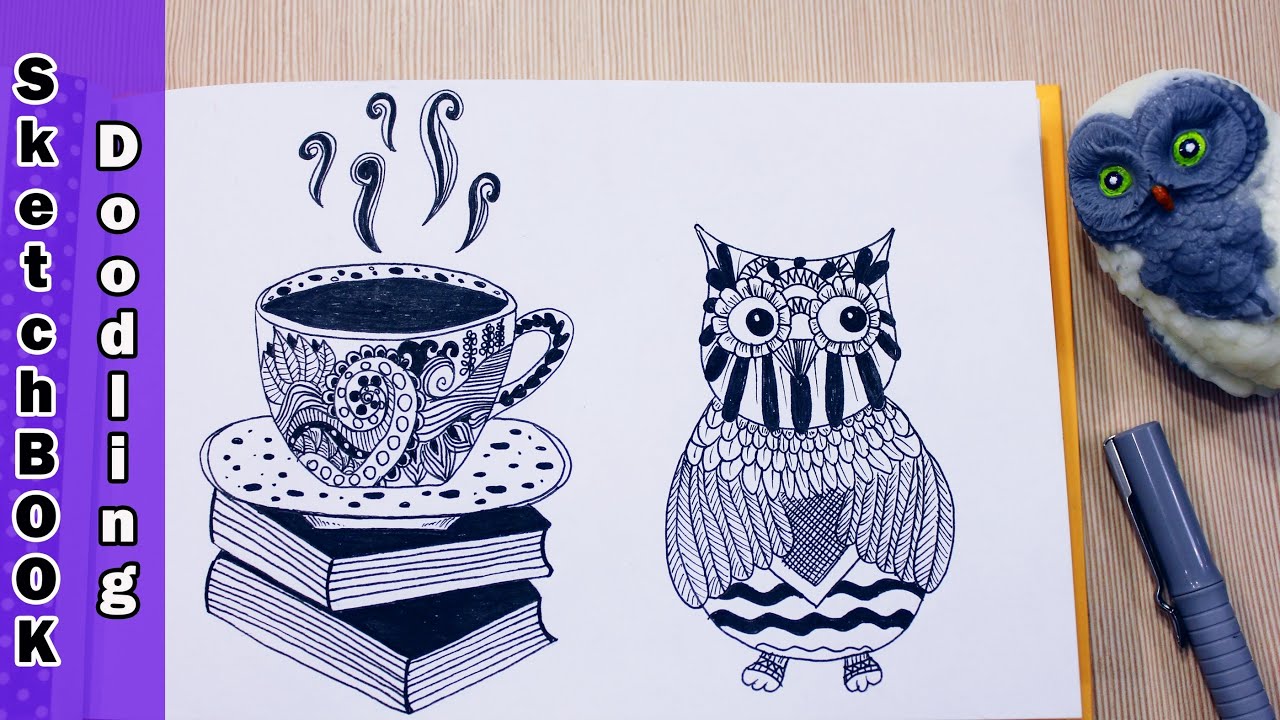 DIY: Рисую в технике дудлинг ЧАШКА КОФЕ и СОВА ● Скетчбук, SketchBOOK Doodling
