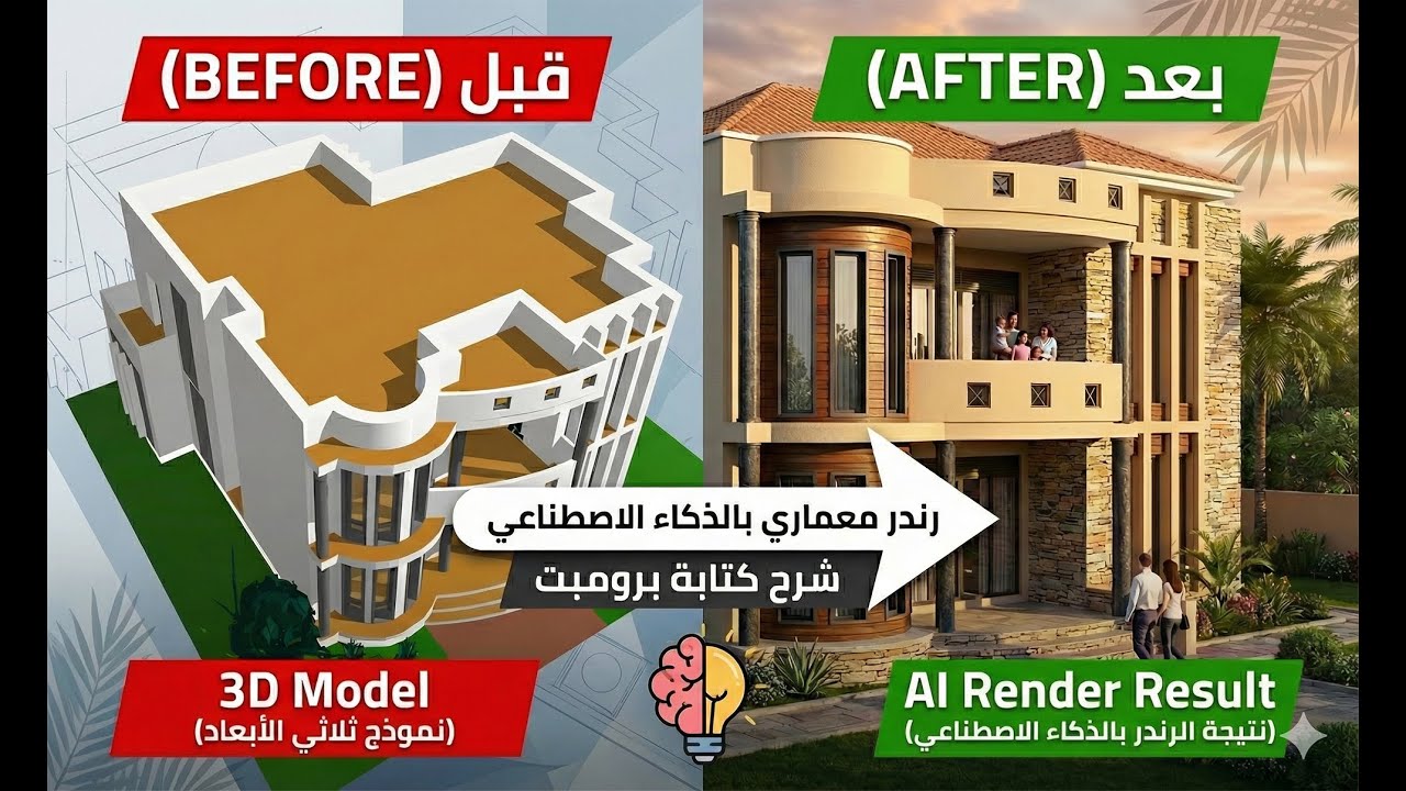 وداعاً لساعات الرندر المملة! 👋 نتيجه بالذكاء الاصطناعي رندر معماري احترافي في ثوانٍ! 🏠 سر الـ Prompt