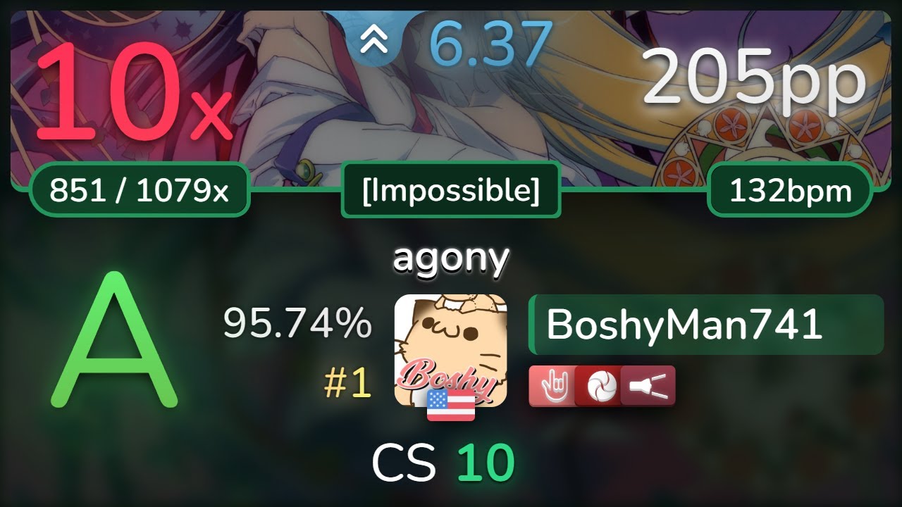 BoshyMan741 | KOTOKO - agony [Impossible] +HRSOFL 95.74% (#1 205pp 10❌) - osu!