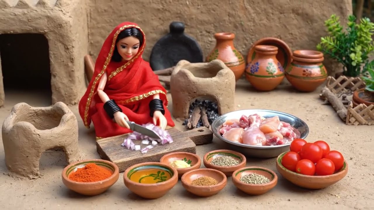 Miniature Doll Aloo chikan karahi and desii lassi  ASMR | Indian Village Tiny Kitchen Story