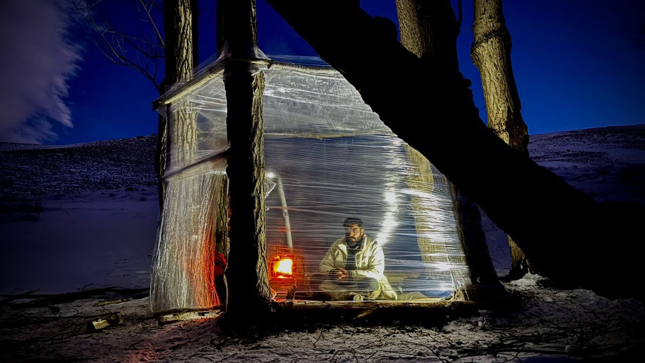 Building a Warm Winter Shelter for Survival in the Wild Woods with Plastic. Winter Bushcraft. ASMR