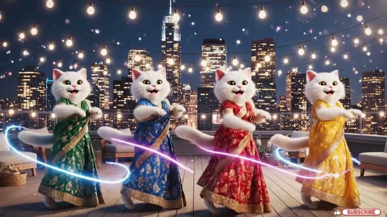 Four Fluffy White Cats Dancing in USA | Colorful Sarees | English Songs  #catdancing #catdance