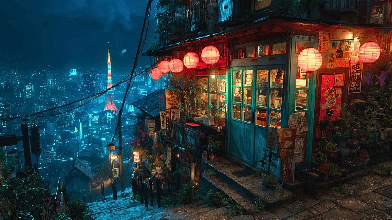 Rainy Japanese Shop ☔ Warm Night Ambience for Sleep - 4K Deep Relax