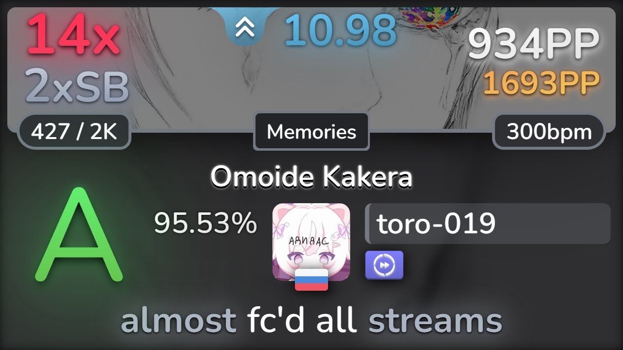 11⭐ toro-019 | nano - Omoide Kakera [Memories] +DT 95.53% | 934pp 14❌ - osu!