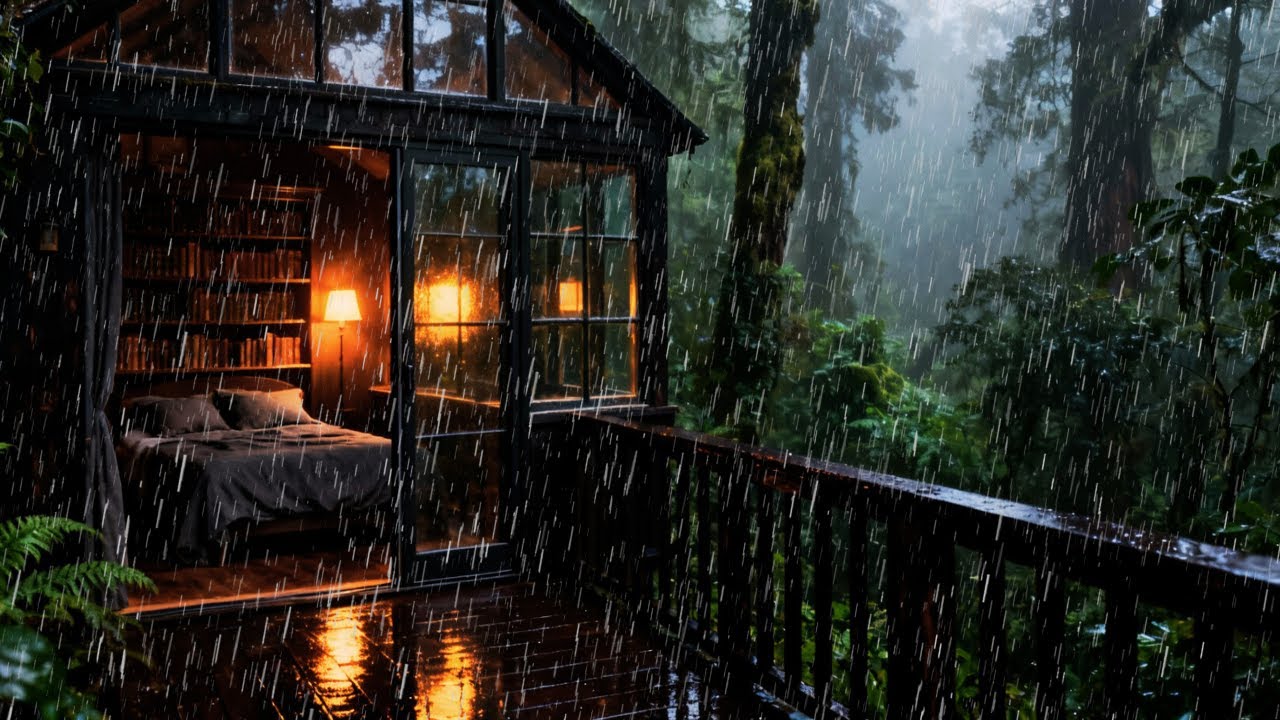 Rain Sounds for Sleeping - ASMR Loud Heavy Rain On Cabin Forest for Insomnia Healing