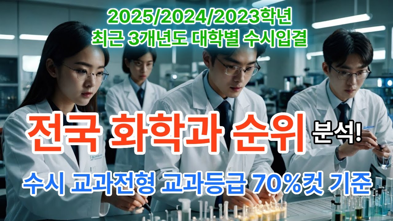 전국 화학과 순위 분석 - 최근 3개년도 2025, 2024, 2023 수시모집 학생부교과전형 교과등급 70%컷 기준, 전국 4년제 대학별 경쟁률 순위, 수시등급 컷 순위 등