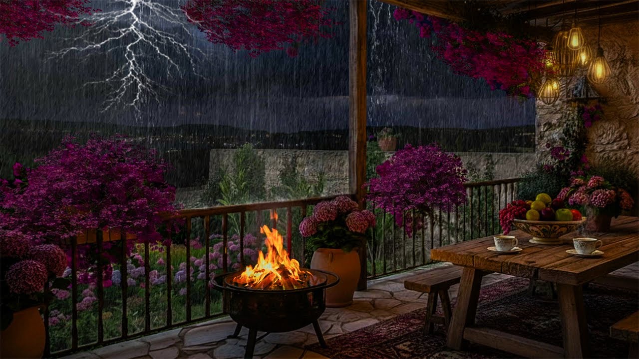 🌧️Stormy Spring Night on the Balcony | Warm Fireplace, Distant Thunder & Rain Sounds for Deep Sleep😴