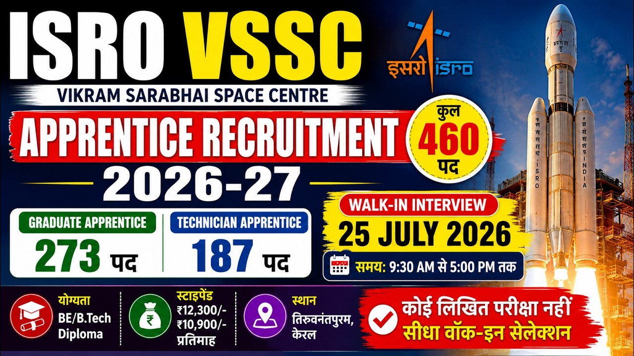 ISRO Apprentice Recruitment 2026 | B.E/B.Tech & Diploma Holders | 460 Vacancies | Walk-In July 25...