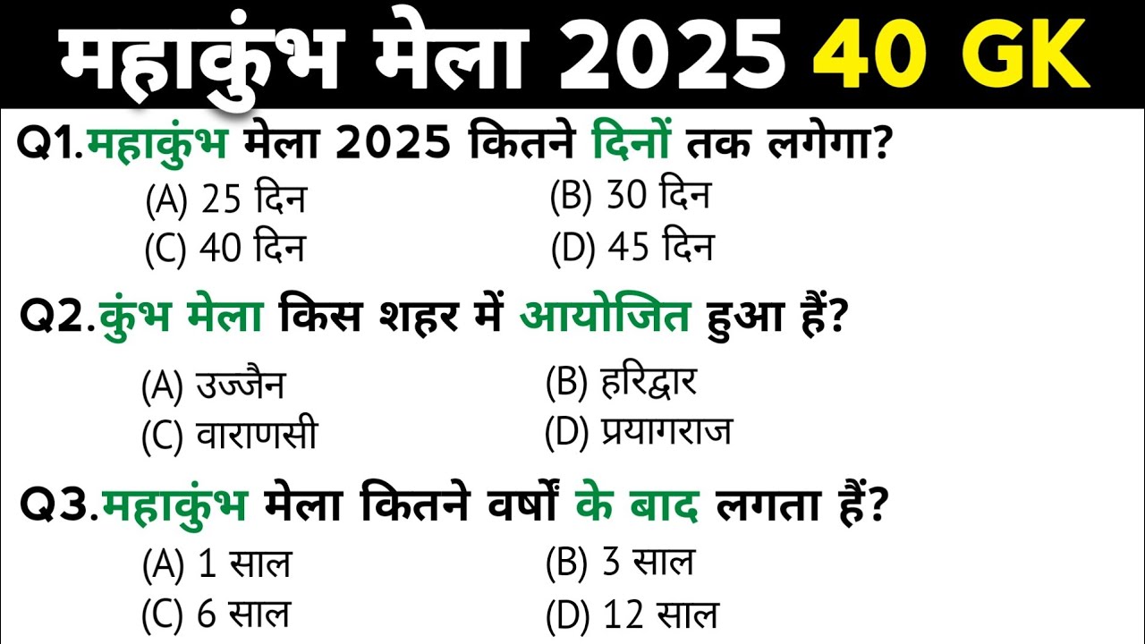 महाकुंभ मेला 2025 टॉप 40 GK/GS Questions || Imp gk questions answer || General Knowledge