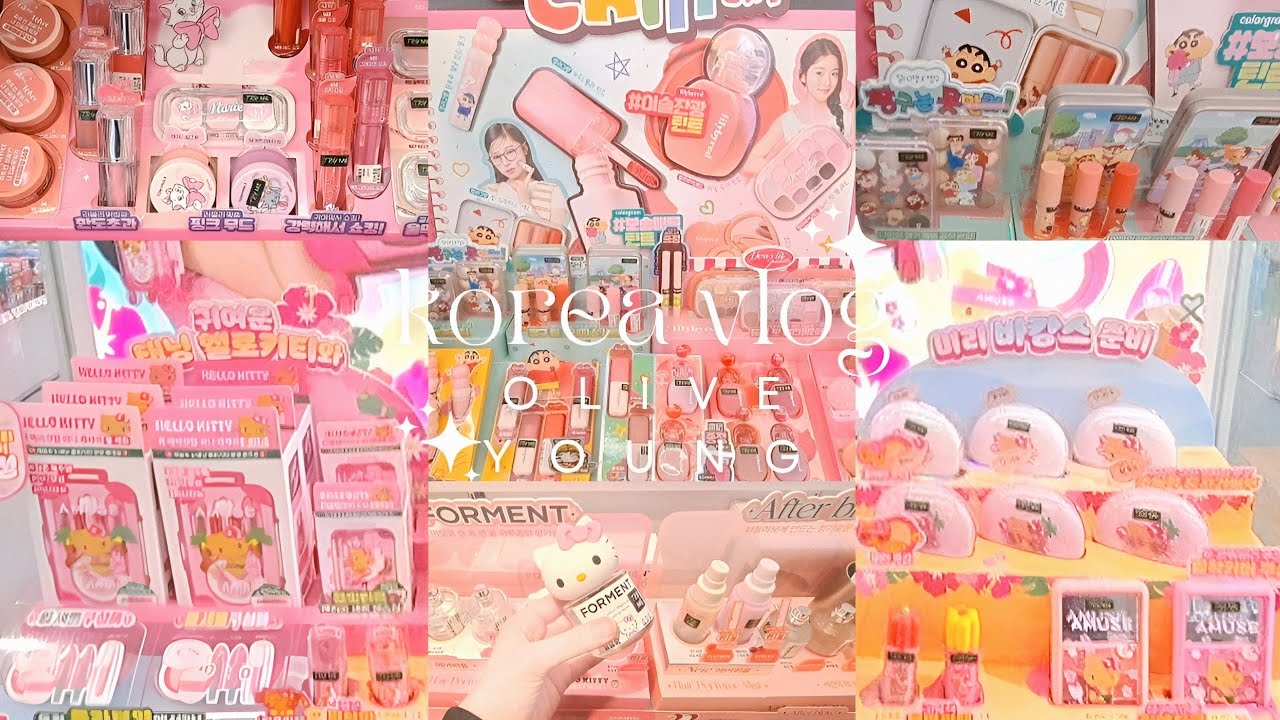 korea vlog🇰🇷 oliveyoung new makeup 🎀✨️💖 tanning hello kitty, disney marie, crayon shinchan collabs
