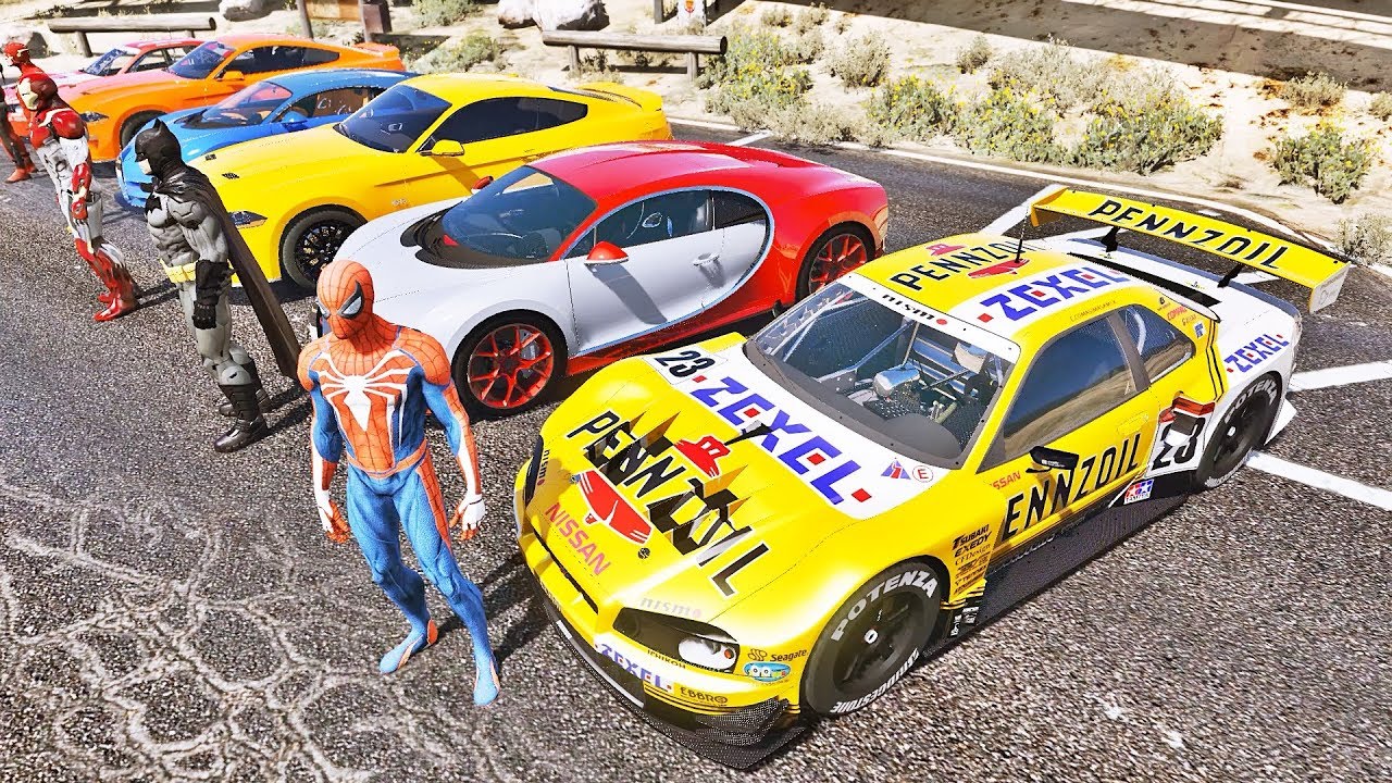HOMEM ARANHA BATMAN E HOMEM DE FERRO COM SUPER CARROS MUSTANG! DESAFIO DE CARROS - IR GAMES