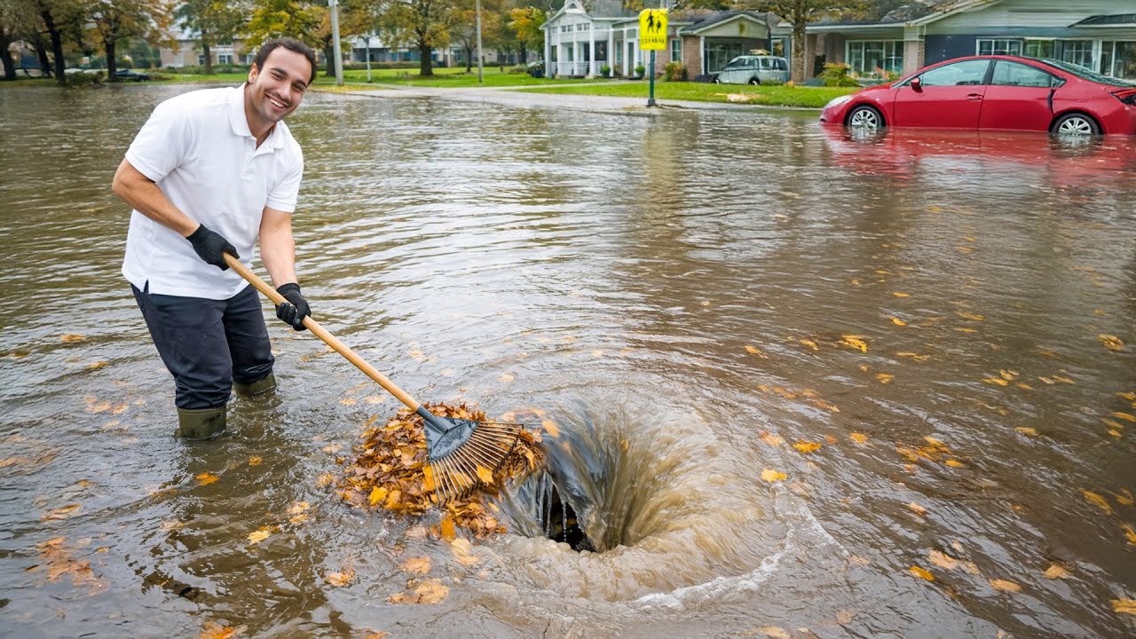 Massive Flooded Street Empties After Drain Unclogging