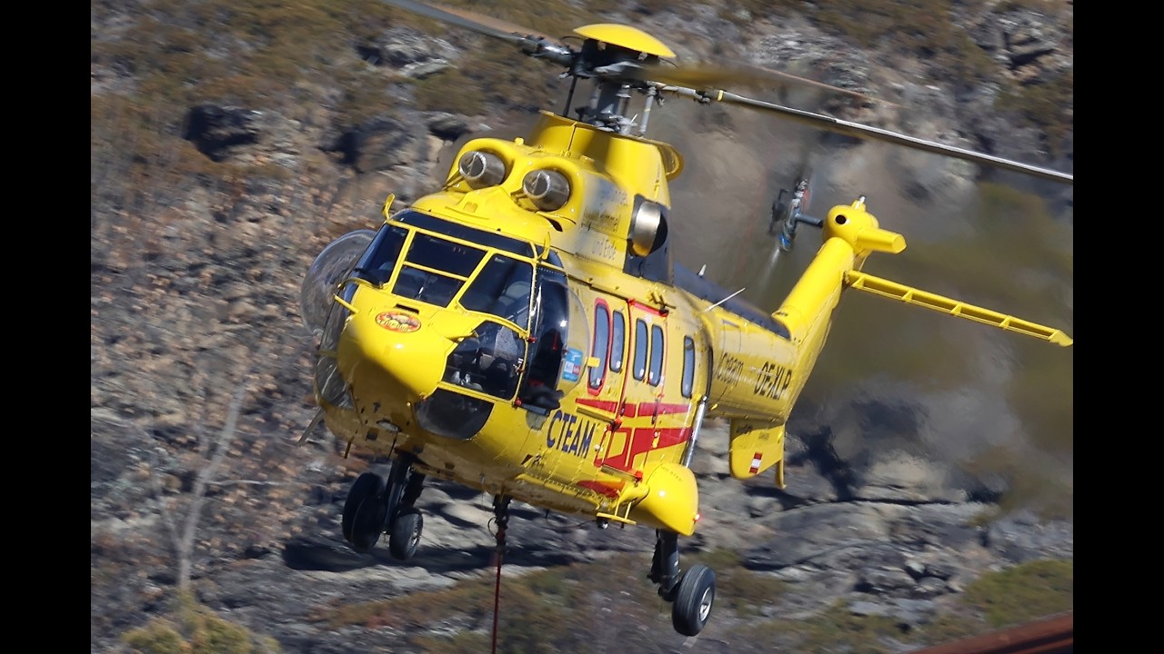 Helicopter precision work   Power Line construction with a Super Puma in the Swiss Alps