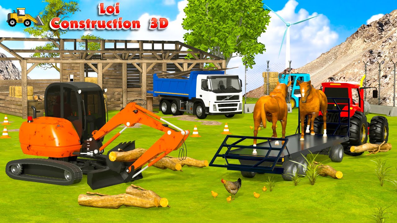Excavator & Tractor Team Up with Truck to Build Cozy Horse Stable | Construction 3D Animation